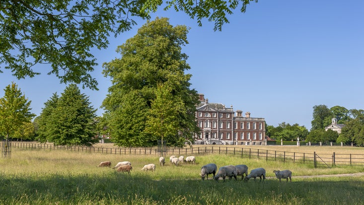 The south front of Wimpole Hall, Cambridgeshire, seen across the park